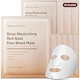 MOTHER MADE Glowing Glass Skin Hydrating Snail Deep Collagen Face Masks 10 EA, with Niacinamide 2%, Vitamin E, Facial Masks for Dry, Sensitive Skin, Kbeauty Essentials, Self Care, Korean Skincare