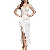 Rosegalette Womens Slip Satin Corset Maxi Dress Sexy High Slit Backless Lace Up Formal Prom Wedding Guest Bridesmaid Dresses