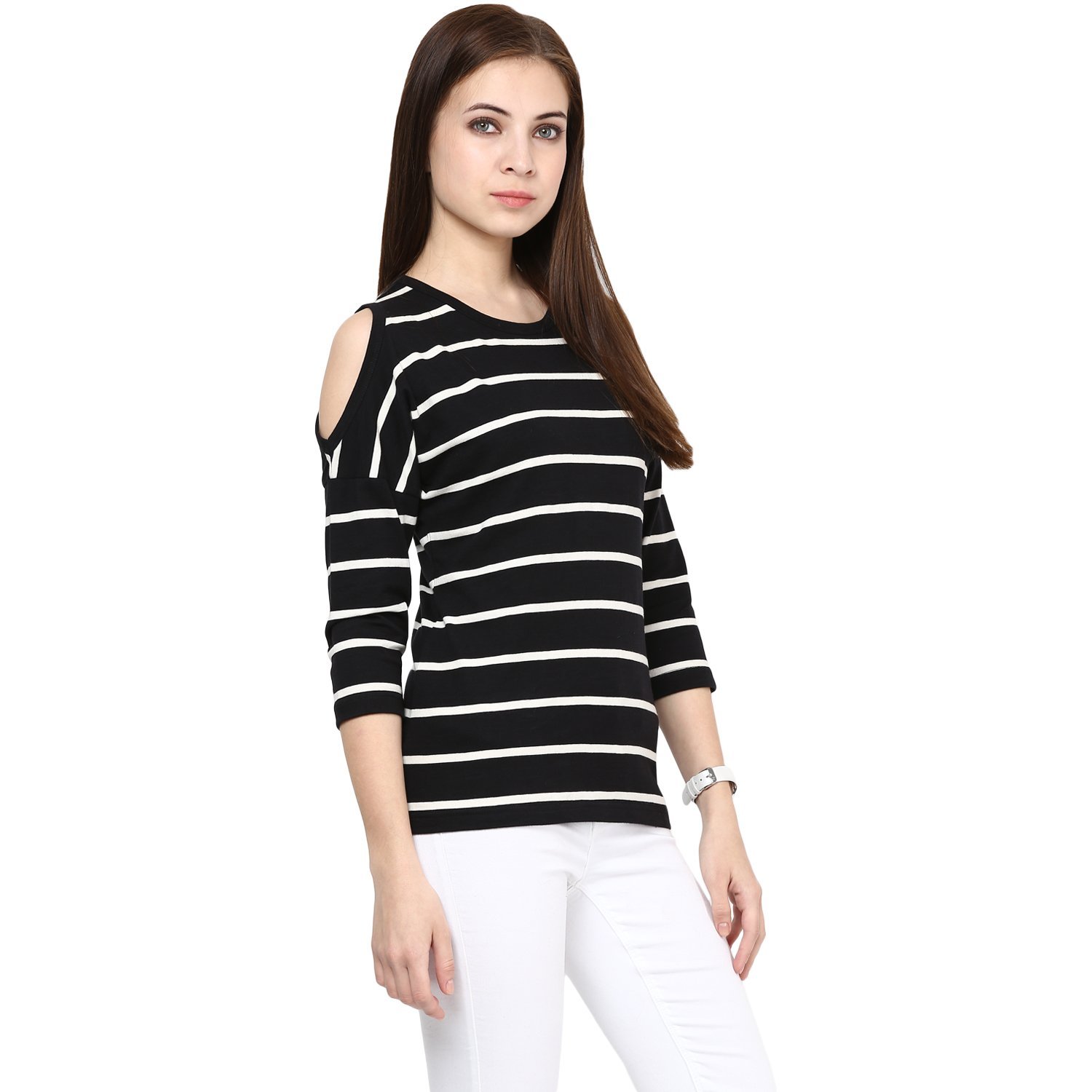 hypernation black and white stripe round neck cotton t-shirt for women