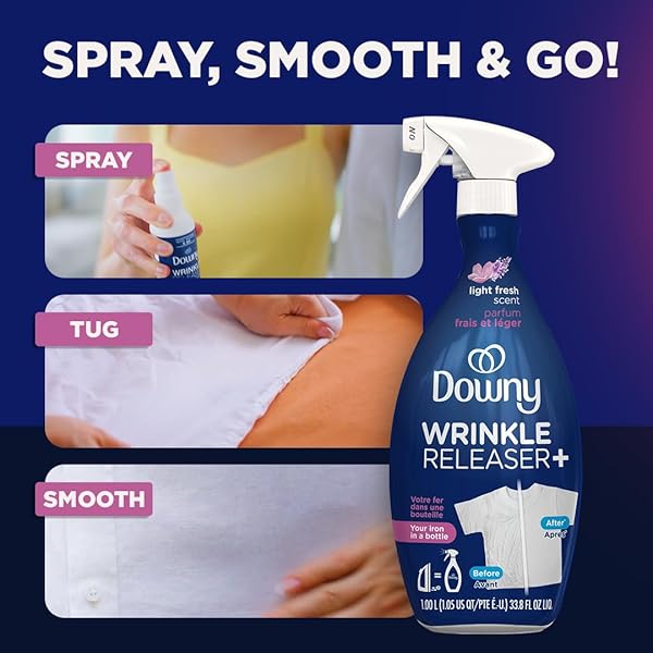 DOWNY WRINKLE RELEASER SPRAY | ALL IN ONE WRINKLE RELEASE SPRAY, ODOR ELIMINATOR, STATIC REMOVER | FABRIC REFRESHER & IRONING AID FOR CLOTHES | 33.8 FL OZ, LIGHT FRESH SCENT