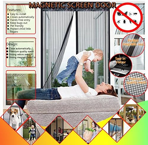 Magnetic Screen Door with Full Frame Velcro Mesh Fabric Curtain Heavy Duty Keep Bugs Out Fits Door Up to 34" x 82"