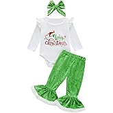 Luckrizyy My First Christmas Outfit Newborn Baby Girl Romper Flare Leg Pants Headband Set Fall Winter Clothes 0-18M