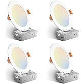 Amico 4 Pack 6 Inch 5CCT Ultra-Thin LED Recessed Ceiling Light with Junction Box, 2700K/3000K/3500K/4000K/5000K Selectable, 12W Eqv 110W 1050LM Brightness Dimmable Canless Wafer Downlight, ETL & FCC