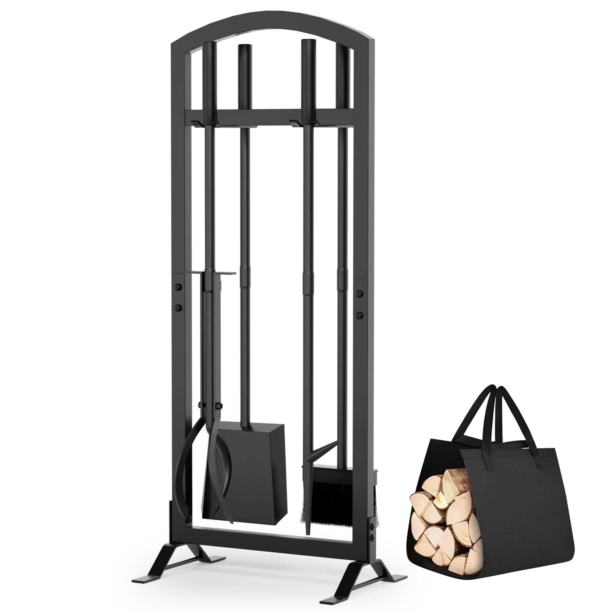 Photo 1 of 6 Pcs Fireplace Tools Set with Log Carrier, HXJLJY 34" Fireplace Accessories Sturdy Fire Tool Set Holder with Fire Poker Brush Shovel Tong Stand for Indoor Fireplace Outdoor Fire Pit Wood Stove, Arch