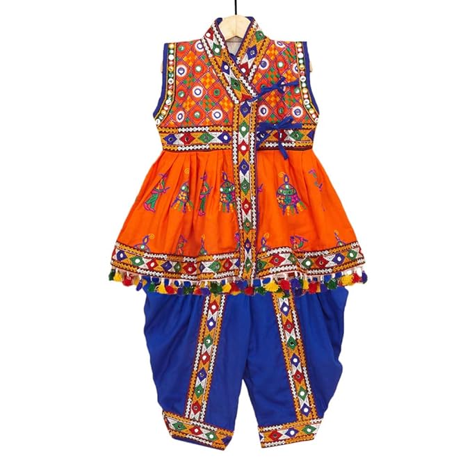 Banjara By Hopscotch Boys 100% Cotton India Embroidered Kedia in Orange Color