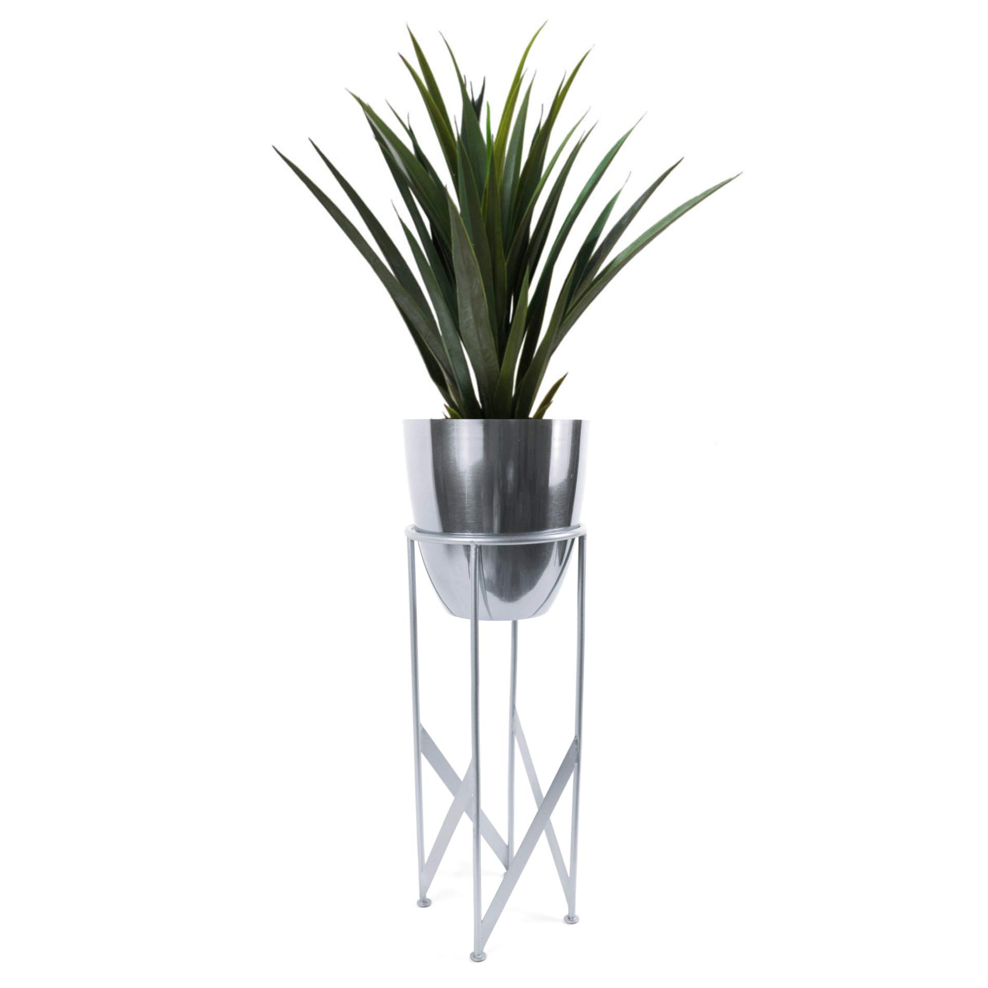 Leaf Tall Metal Plant Stand with Planter, Silver With Yukka Plant, 90cm
