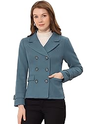 Allegra K Women's Notched Lapel Double Breasted Pea