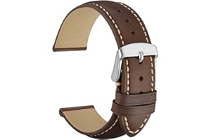 WOCCI 20mm Vintage Leather Watch Band for Men and Women, Silver Buckle (Dark Brown/Contrasting Stitch)