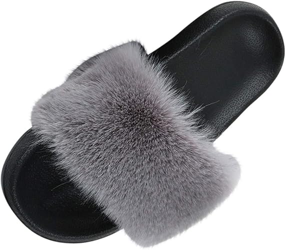 Amazon.com | Bringbring Women Faux Fur Sliders Ladies Fluffy Sandals Furry Mules Summer Slipper 