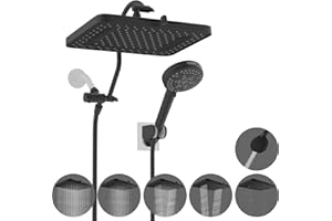 Hibbent Upgraded 5-spray 13'' Shower Head, High Pressure Rainfall Shower Head, Dual Showerhead Combo with 10-mode Handheld Spray, 12'' Adjustable Extension Arm, 71'' Hose, Shower Holder, Matte Black