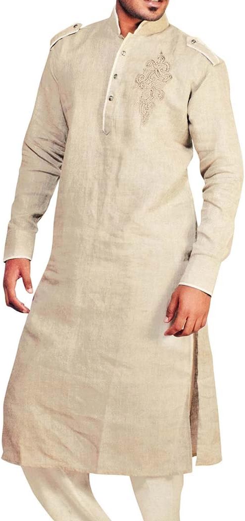 Indian Clothes for Men Beige Linen Kurta Pyjama Pathani Style Sherwani KP2319
