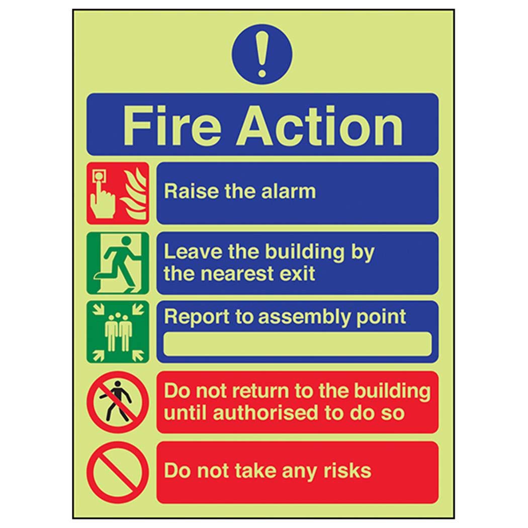 V Safety 12006AN-GS Glow In The Dark 5 Message Risks Fire Action Notice Sign - 150mm x 200mm - Self Adhesive Vinyl