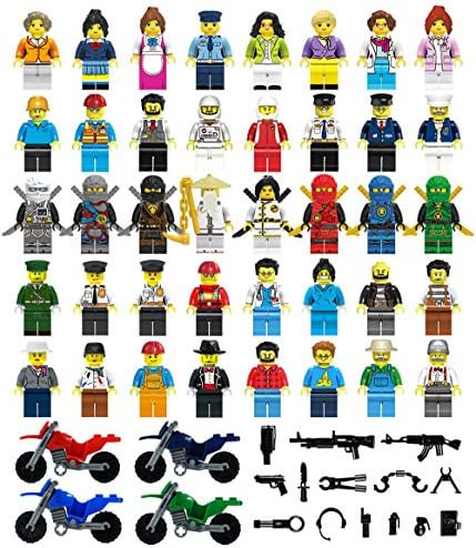 Nicolababe Minifigures Set of 40 Community People with 14 PCS Accessories + 4 PCS Motorbikes Interchangeable Hats/Hair Legs Bodies - Tight Fit with Most Major Brands of Building Blocks