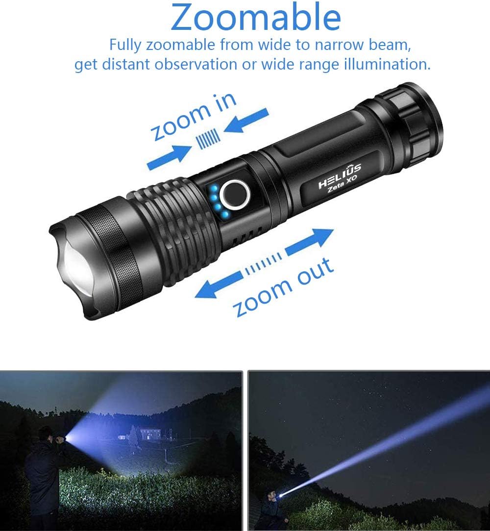 Helius LED tactical flashlight 3000 lumens, 5 Modes, rechargeable, Zoomable, Power Display, Waterproof, flashlights for emergencies, Handheld Light - Apply to Camping/Hiking/military/running etc - - 