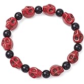 Punk Howlite Synthetic Turquoise Skeleton Tibetan Prayer Bead Beaded Bracelets for Men Women His and Hers Couples Bracelets Elastic Adjustable Bracelet Halloween Jewelry Accessories (Red-black) 