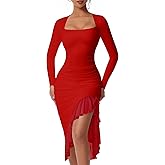 DAAWENXI Women's Sexy Ruched Bodycon Midi Dresses Square Neck Long Sleeve Ruffle Hem Cocktail Party Dress