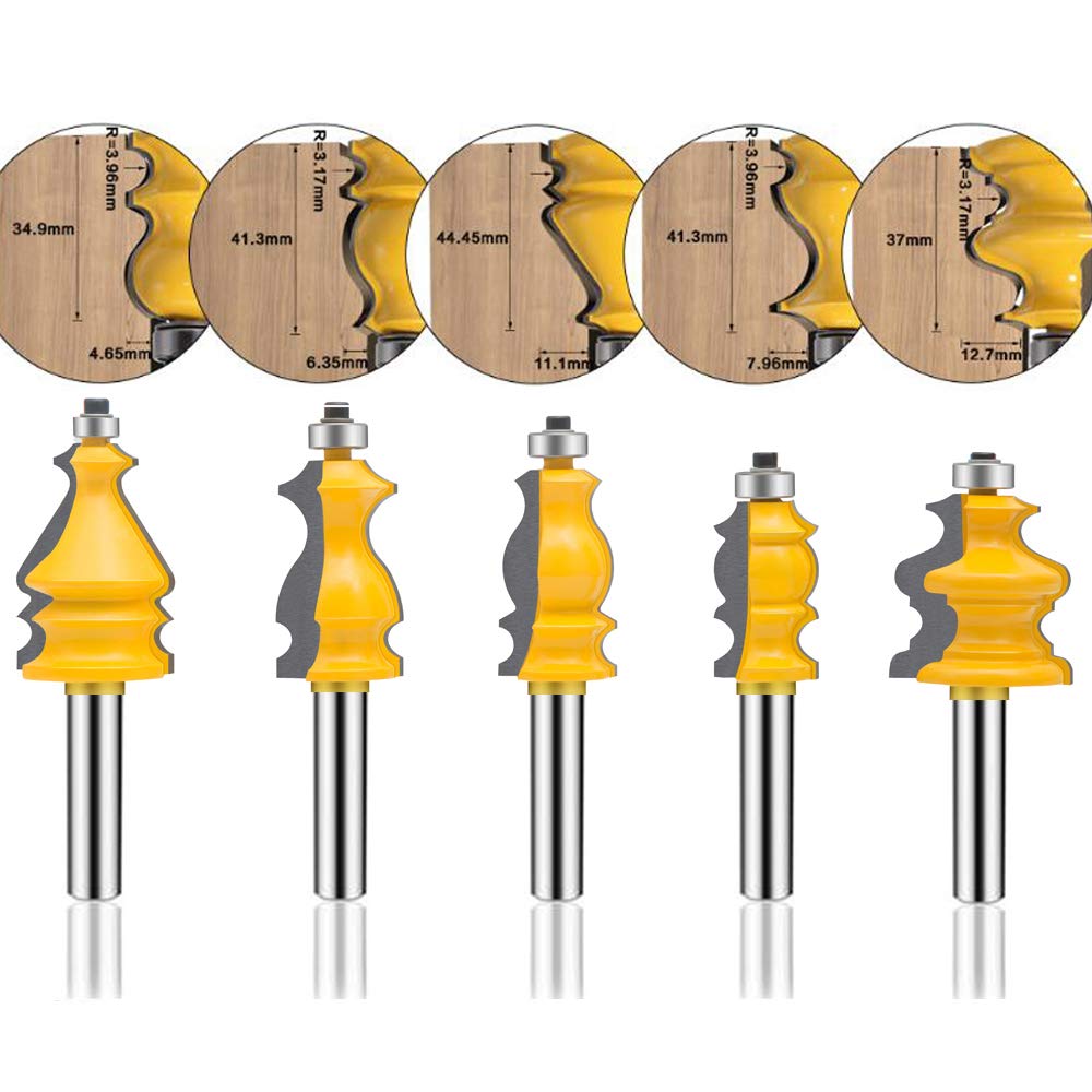 LUBEIN Architectural Molding Router Bit Set 1/4-Inch Shank 5 PCS, Corner Rounding Edge-forming Roundover Beading Router Bit Set, Woodworking Milling Tools, Carbide CNC Router Cutter (D2-7)