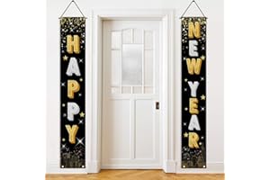 HOLIWOER Happy New Years Nye Decorations Porch Banner 2025, New Year Eve Party Supplies Banner Backdrop for Door Wall Home, Black Silver Gold