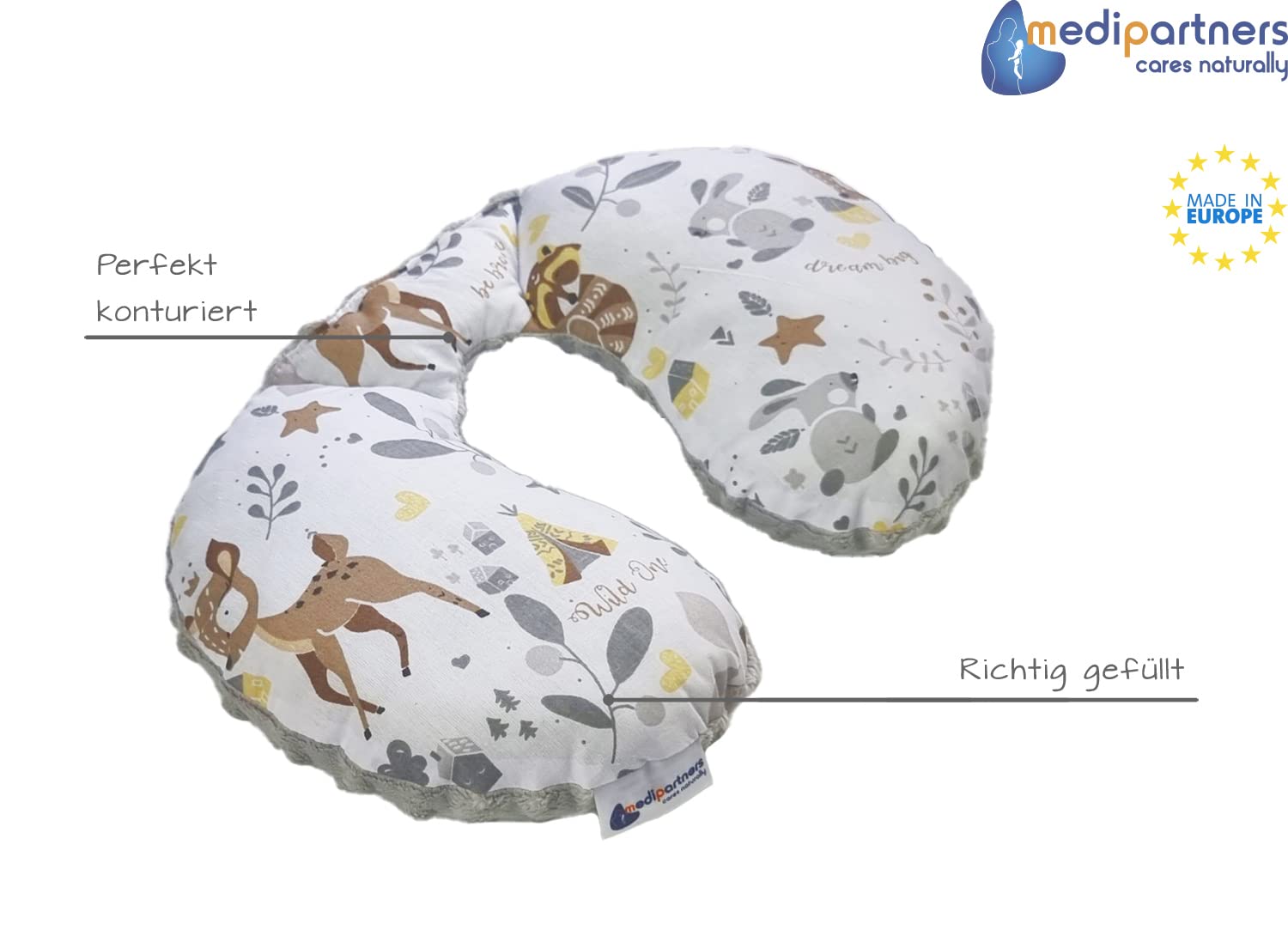 Medi Partners Nackenkissen Kinder Nackenhörnchen Auto Flugzeug Baby - 100% Baumwolle/Minky Nackenstütze Kopfstütze Kindersitz Autositz Nackenrolle Kissen (Reh mit grauem Minky) 2