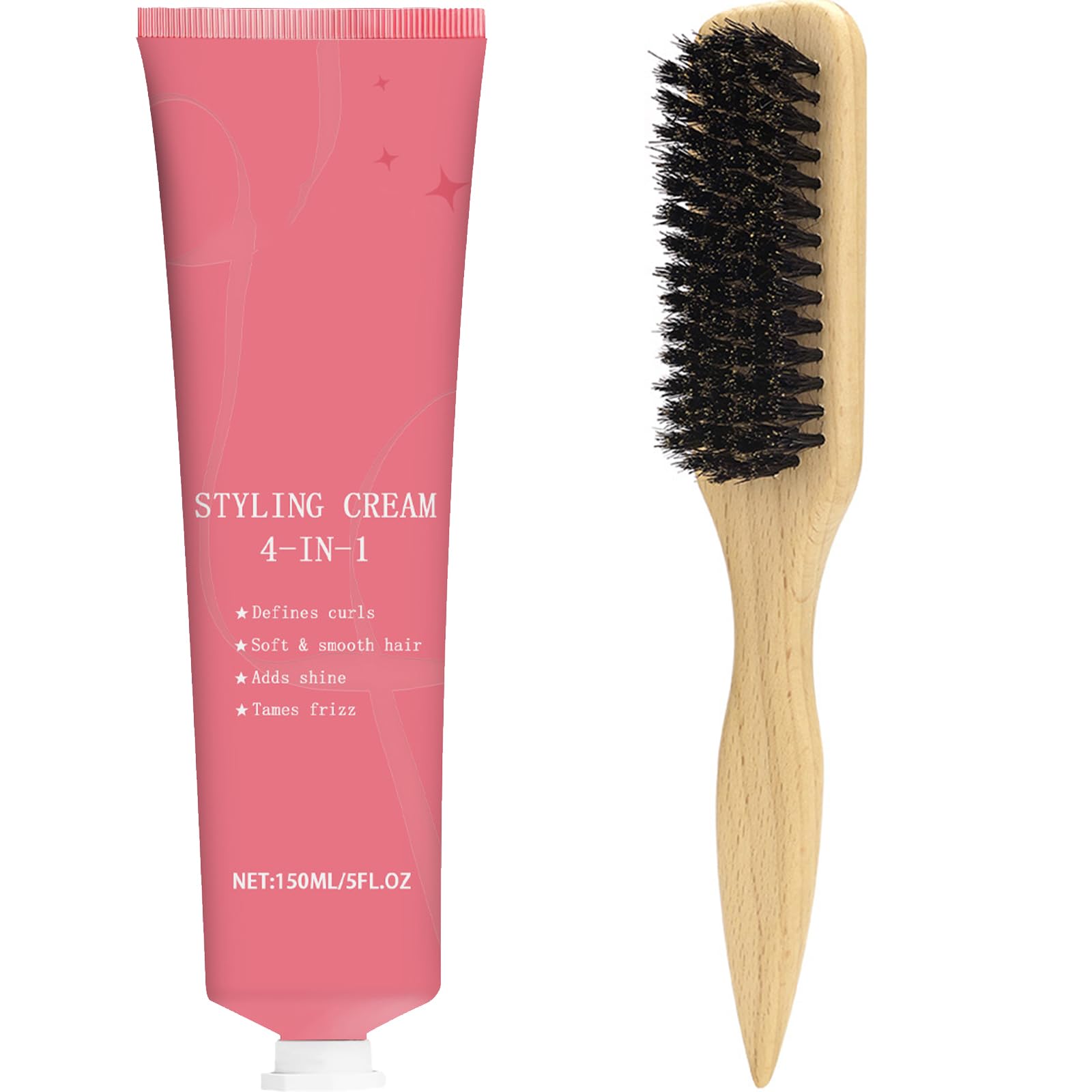 Photo 1 of Styling Cream & Slick Back Hair Brush Set for Flyaways, Curl Defining, Smoothing & Sleek Styles – Non-Greasy Hair Tamer Cream with Boar Bristle Brush for Women & Kids, Add Shine, Baby Hairs