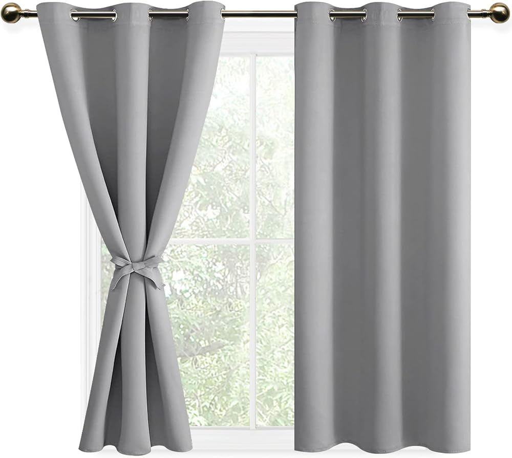 DWCN Silver Grey Blackout Curtains 46W x 54L Two Panels with Tiebacks