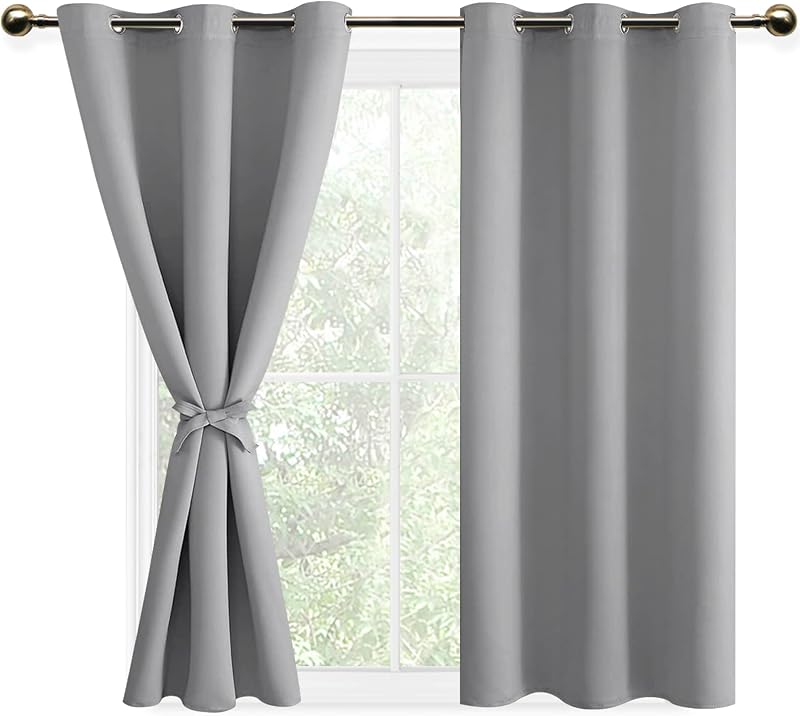 DWCN Silver Grey Blackout Curtains 46W x 54L Two Panels with Tiebacks