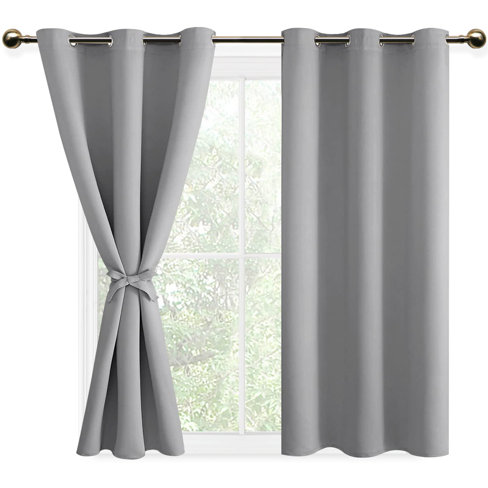 DWCN Silver Grey Blackout Curtains with Tiebacks for Bedroom Thermal Insulated Solid Eyelet Curtains for Living Room,2 Panels,46" Wide x 54" Drop