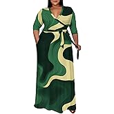 Runwind Plus Size Dress for Women - 3/4 Sleeve V Neck Maxi Dresses for Women （XL-6XL）