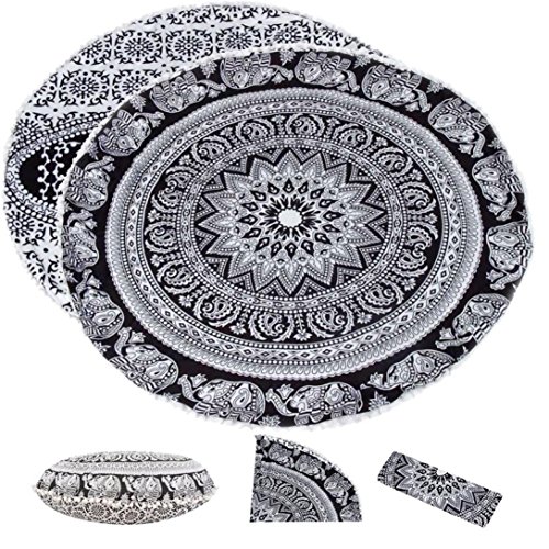 KMG Kimloog Round Pillow Cover, Decorative Mandala Pillow Sham, Indian Bohemian Ottoman Poufs, Outdoor Cushion Cover, Pom Pom (D)