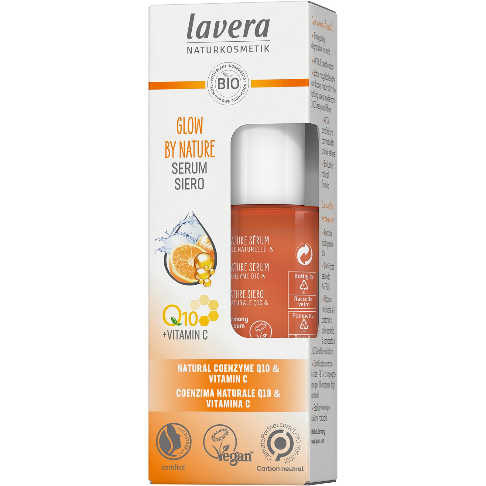 lavera GLOW BY NATURE Serum - natural cosmetics - vegan - Q10 & vitamin C - moisturizing - anti-wrinkle - vitalizing - firm skin - PETA certified - 1 x 30 ml, white