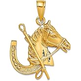 JewelryWeb 20mm 14k Gold Horse Head With Shoe and Crop Charm Pendant Necklace for Women
