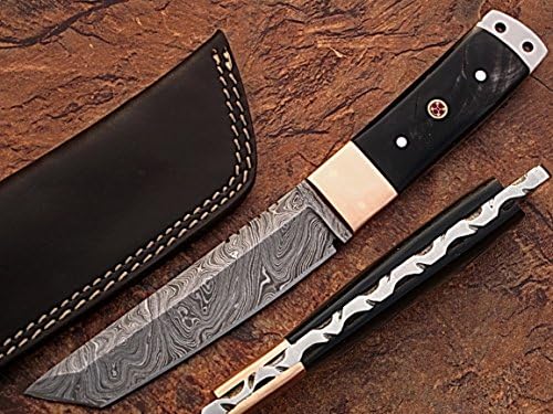 Custom Made Damascus Steel Tanto Point Hunting Knife Buffalo Horn Handle Copper Bolster &amp; Sheath