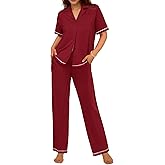 Ekouaer Cotton Pajamas Sets for Women 2 Piece Button Down Short Sleeve Pj Set with Long Pants Lounge Set Soft Sleepwear S-XXL