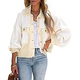 Leyoutx Women's Denim Spliced Waffle Knit Cropped Jacket Button Down Boyfriend Shirt Shacket Tops