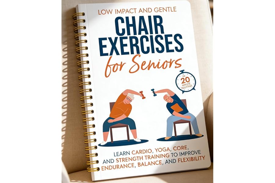 Chair Yoga for Seniors Over 60 Book, 2-Person Cover Design with Exercise Chart, Gentle Poses for Weight Loss and Mobility, Senior Workout Guide for Home