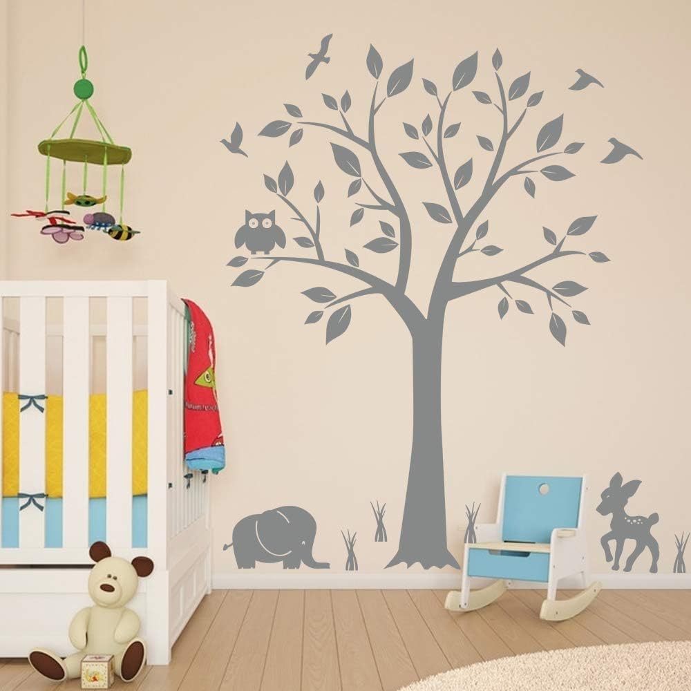 Tree Nursery Animal Wall Decals with Owls & Elephant Deer Birds Living Room Home Decal Bed Baby Room Wall Decals, Best Décor for Kids Room Birds, Wall Stickers