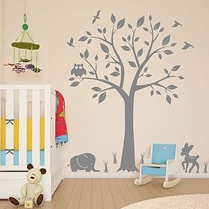Tree Nursery Animal Wall Decals with Owls & Elephant Deer Birds Living Room Home Decal Bed Baby Room Wall Decals, Best Décor for Kids Room Birds, Wall Stickers