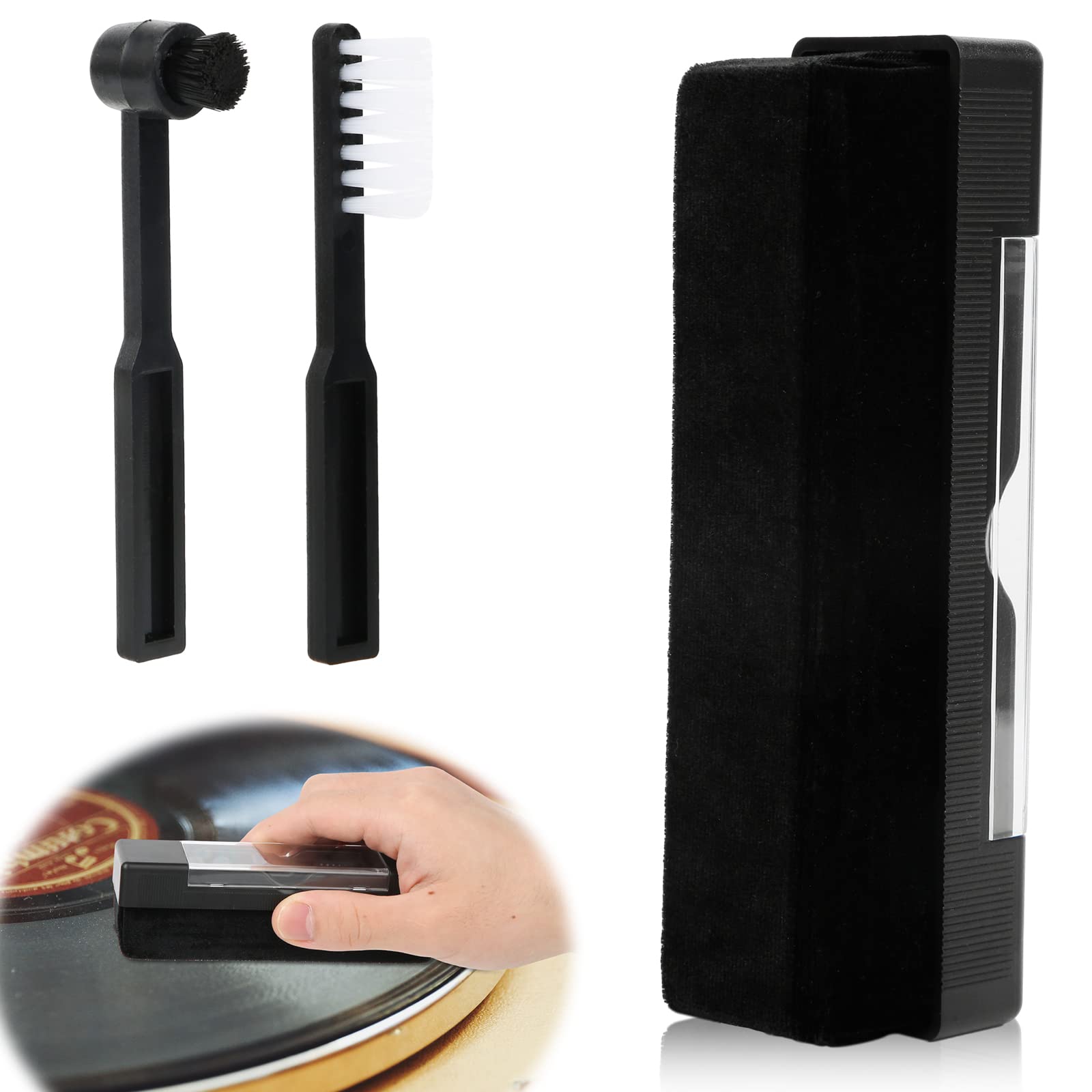 3pcs Cleaning Kit for Vinyl Records, Vinyl Record Cleaner Kit with Soft Velvet Record Brush, Stylus Brush and Record Dust Cleaner (Black)