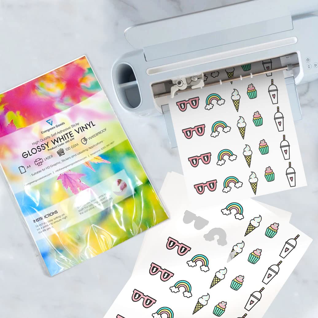 Evergreen Goods™ 10 Sheets Printable Sticker Vinyl for Cricut Cutters | GLOSSY WHITE A4 Waterproof | Laser Printers Only | Cutting/Plotting Machines - Silhouette Brother Gemini | Make Stickers at Home
