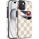 Obbii for iPhone 13/14/15 Case with Card Holder Soft Leather Wallet Case Protective Shockproof Hard Cover for Women Man (Checkerboard)