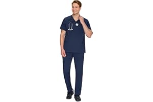 Scrubs for Men Set - V-Neck Scrub Top and Straight Leg Pants with 11 Pockets