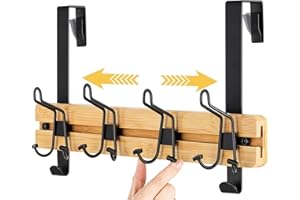 ETECHMART Over The Door Hooks, Bamboo Door Hanger with 4 Adjustable Tri Hooks for Hanging Clothes Hat Bag, Behind Door Towel Rack for Bathroom, Heavy Duty Wall Mounted Coat Rack, No Drilling, Natural