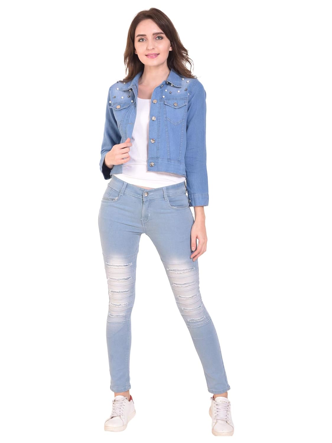 dimpy garments women's stone wash denim jacket crafted with pearls (light blue, large)
