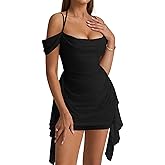 KUTUMAI Women Sexy Bodycon Mini Dress Ruffle Mesh Ruched Short Homecoming Party Club Dresses