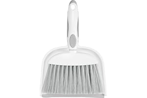 NACENA Small Dust Pan and Brush Set, Mini Broom and Dustpan Set Small Hand Broom and Brush Combo Dust Pan with Teeth for Home Cleaning Drawers Desktop Sofas Pet Care and Outdoor, White & Gray