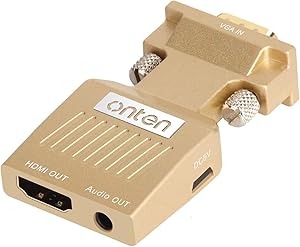 VGA to HDMI, Onten 1080P VGA Male to HDMI Female Audio Video Cable Converter Adapter for Computer, Desktop, Laptop, PC, Monitor, Projector, HDTV, Supply a Free Audio Cable and USB Cable (Gold)