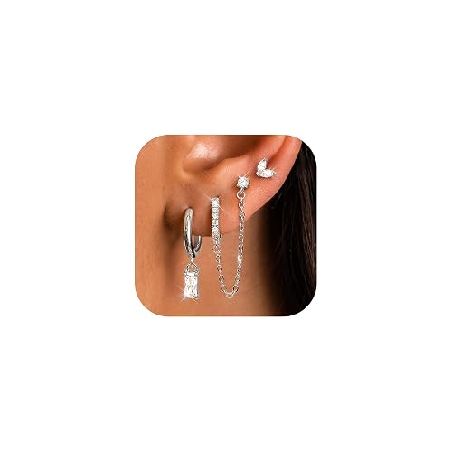 JeweBella 3 Pairs Hypoallergenic Silver Earrings for Women 14K Gold Plated Dainty Stackable Stud Dangle Hoop Earrings Set Chain Hoop Earring Stack Cartilage Earring Sets for Multiple Piercings