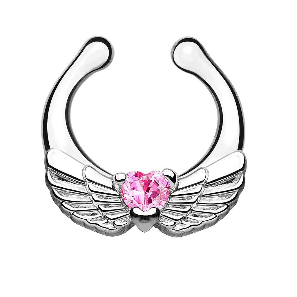 Piercingfaktor Fake Piercing Universal Hoop Ring Septum Nose Lip Helix Ear Vintage Angel Wings with Heart Crystal, Crystal
