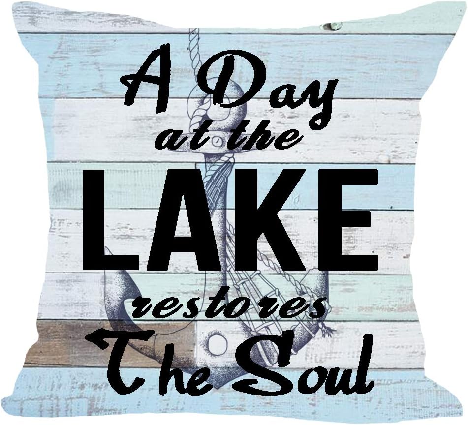 Retro Wooden Grain A Day at The Lake Restores The Soul Anchor Cable Blue Cotton Linen Square Throw Waist Pillow Case Decorative Cushion Cover Pillowcase Sofa 18