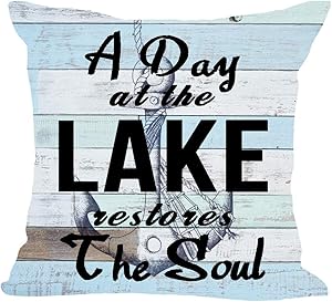 Retro Wooden Grain A Day at The Lake Restores The Soul Anchor Cable Blue Cotton Linen Square Throw Waist Pillow Case Decorative Cushion Cover Pillowcase Sofa 18